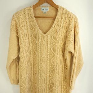 Vtg Izod Sweater Women's Large Light Tan Khaki Fisherman Cable Knit Pullover